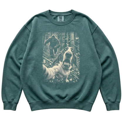 Blue Spruce Basset Hound Bigfoot selfie sweatshirt, full garment view