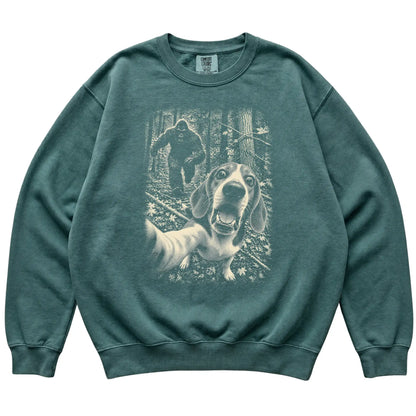 Blue Spruce Beagle Bigfoot selfie sweatshirt, full garment view
