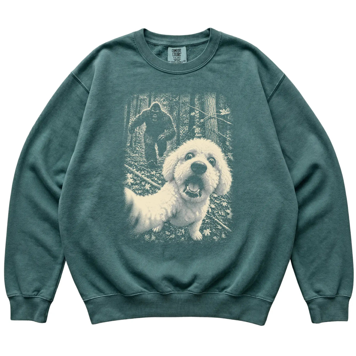Blue Spruce Bichon Frise Bigfoot selfie sweatshirt, full garment view
