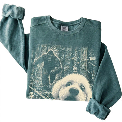 Blue Spruce Bichon Frise Bigfoot selfie sweatshirt, close-up view