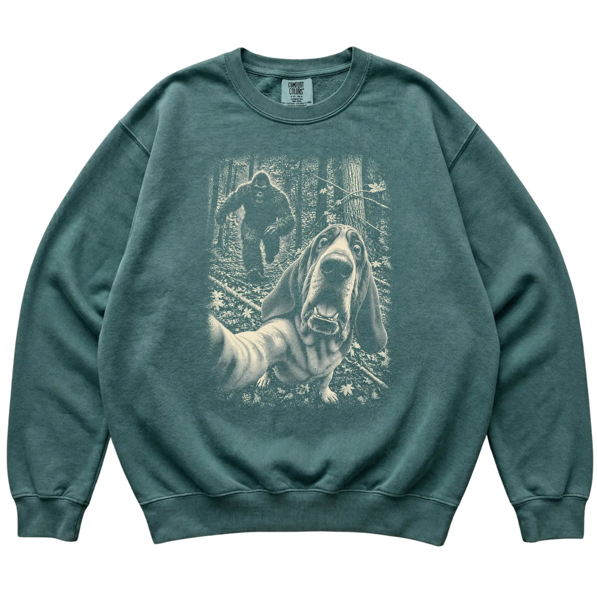 Blue Spruce Bloodhound Bigfoot selfie sweatshirt, full garment view
