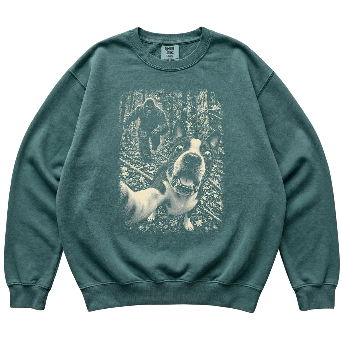 Blue Spruce Boston Terrier Bigfoot selfie sweatshirt, full garment view