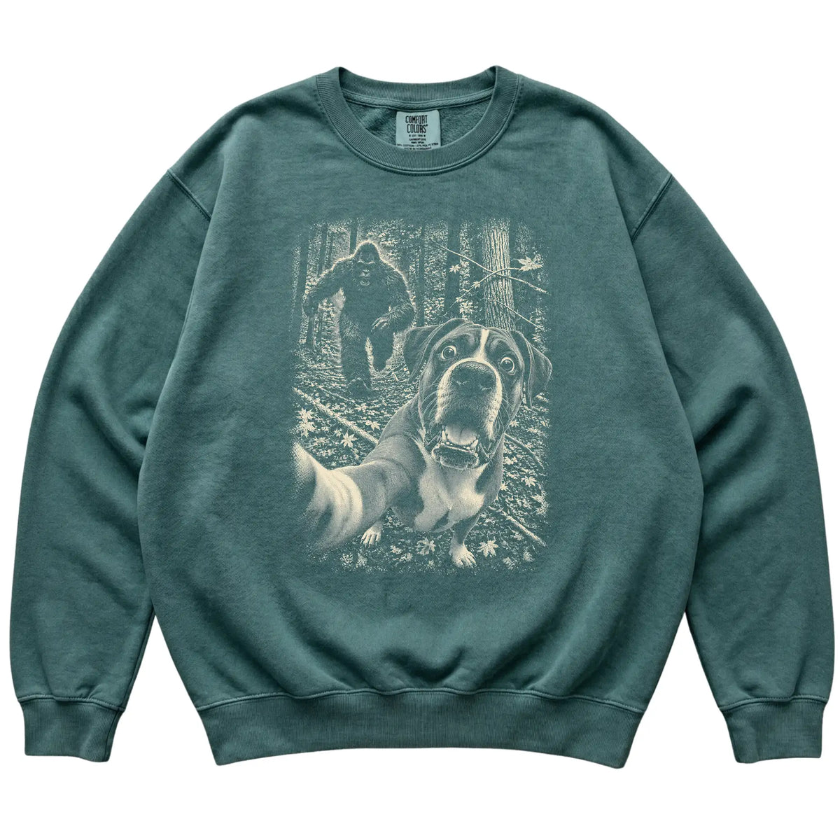 Blue Spruce Boxer Bigfoot selfie sweatshirt, full garment view