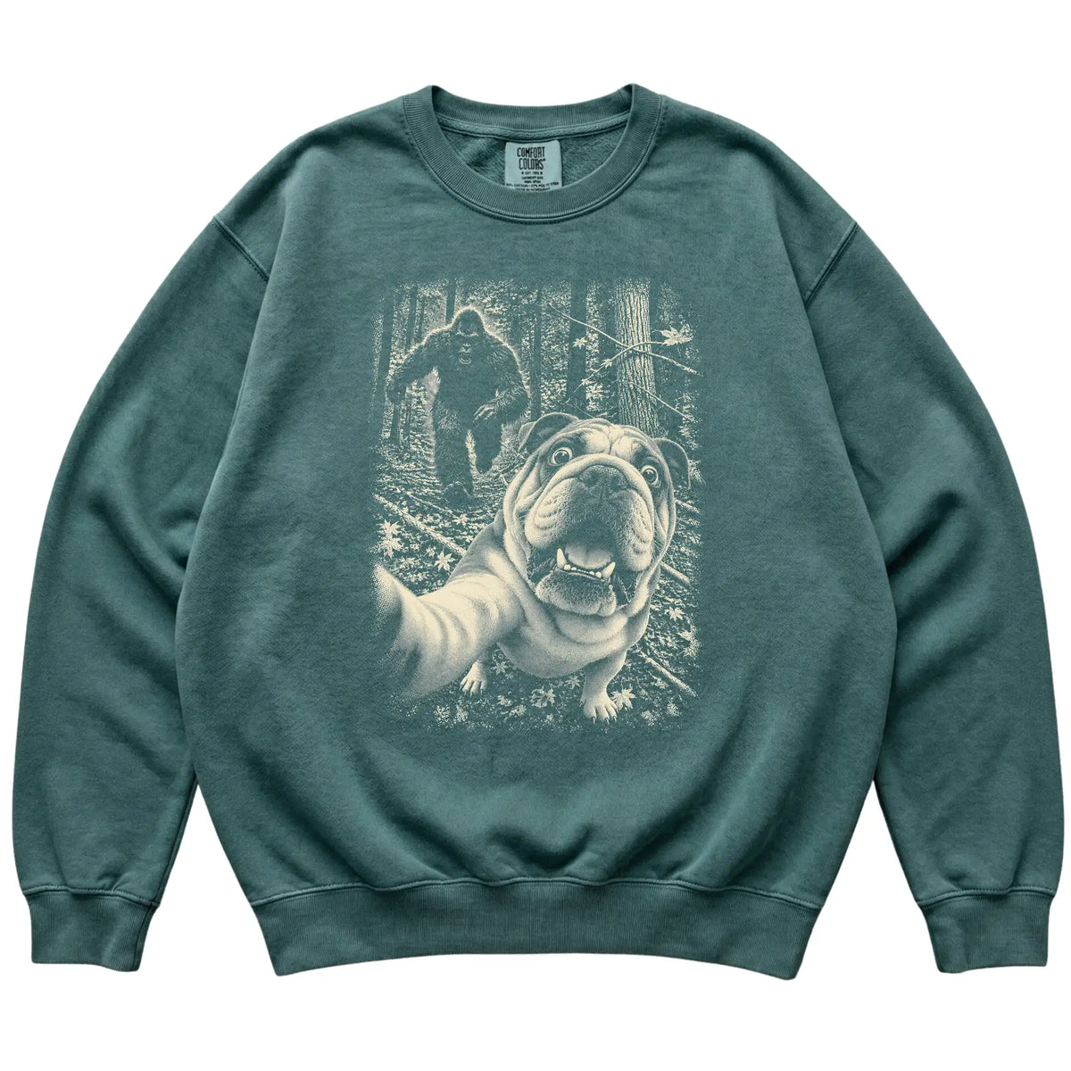 Blue Spruce English Bulldog Bigfoot selfie sweatshirt, full garment view