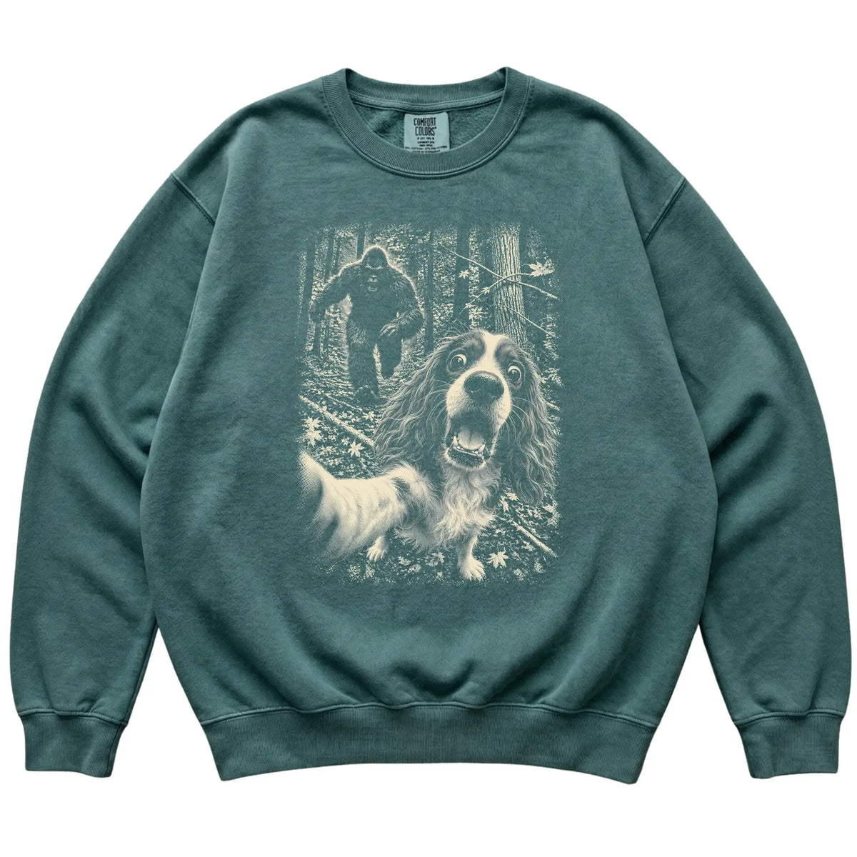 Blue Spruce Cavalier King Charles Spaniel Bigfoot selfie sweatshirt, full garment view
