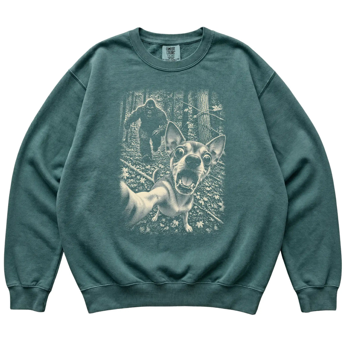 Blue Spruce Chihuahua Bigfoot selfie sweatshirt, full garment view