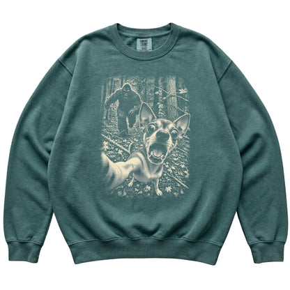Blue Spruce Chihuahua Bigfoot selfie sweatshirt, full garment view
