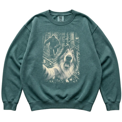 Blue Spruce Collie Bigfoot selfie sweatshirt, full garment view