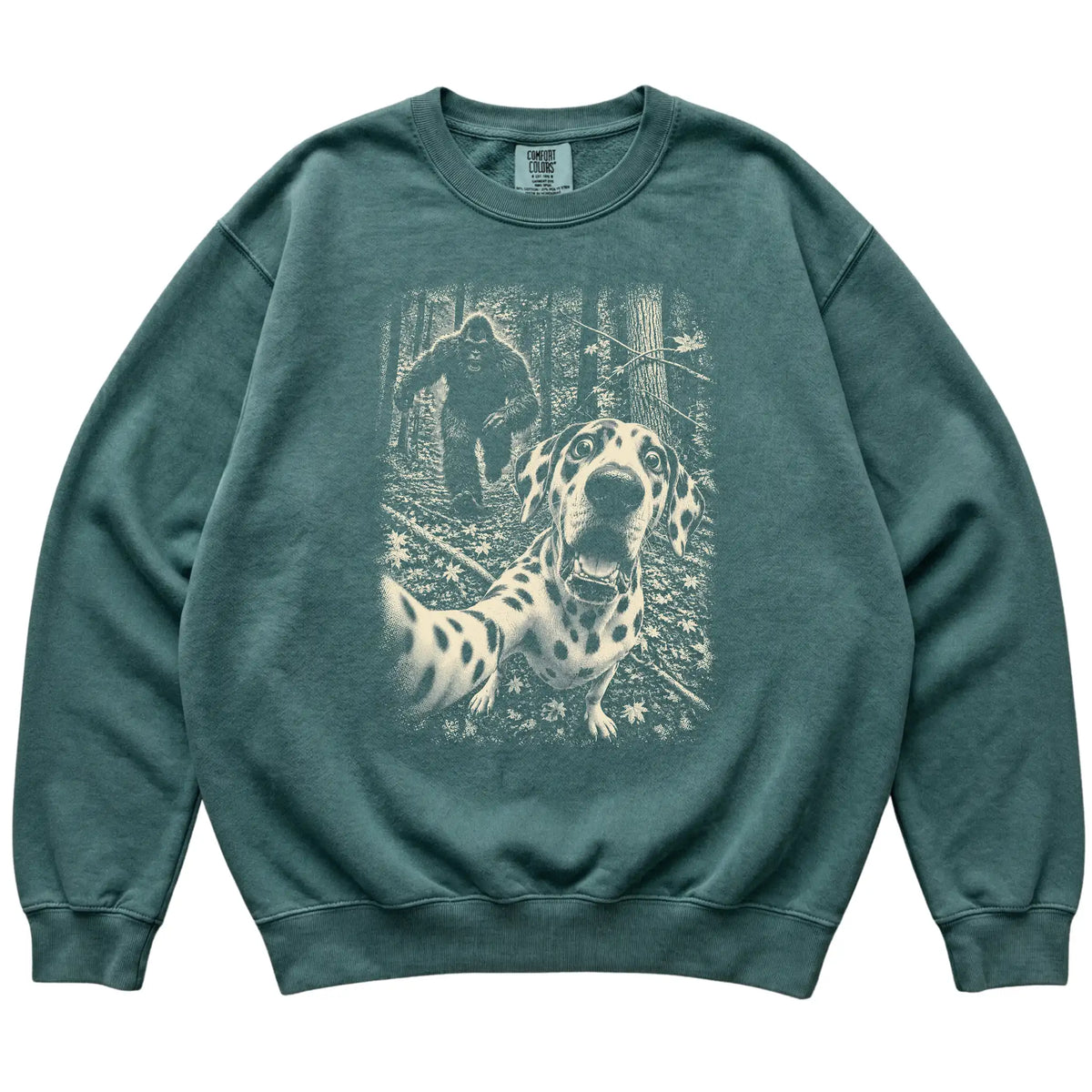 Blue Spruce Dalmatian Bigfoot selfie sweatshirt, full garment view