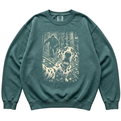 Blue Spruce Dalmatian Bigfoot selfie sweatshirt, full garment view