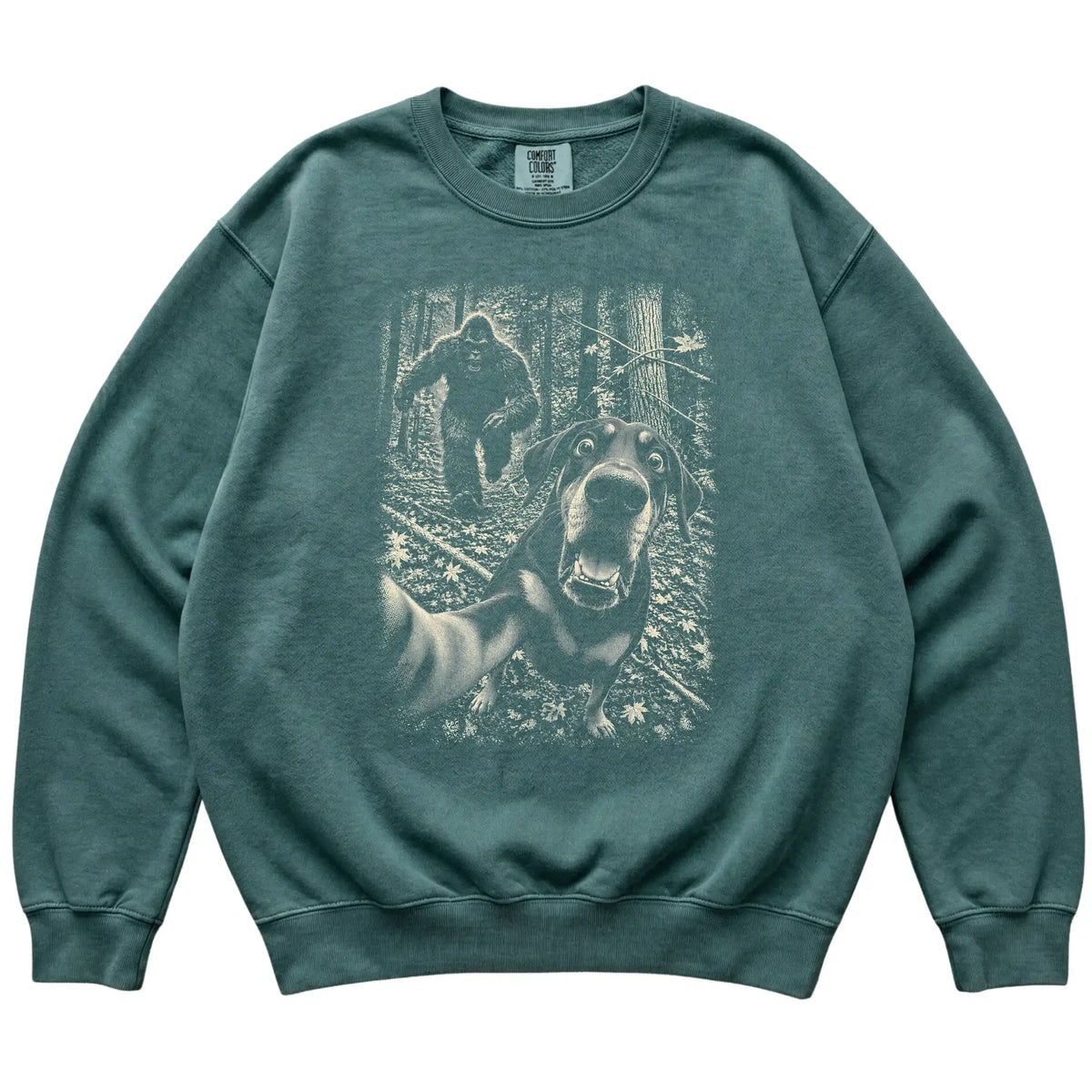 Blue Spruce Doberman Bigfoot selfie sweatshirt, full garment view