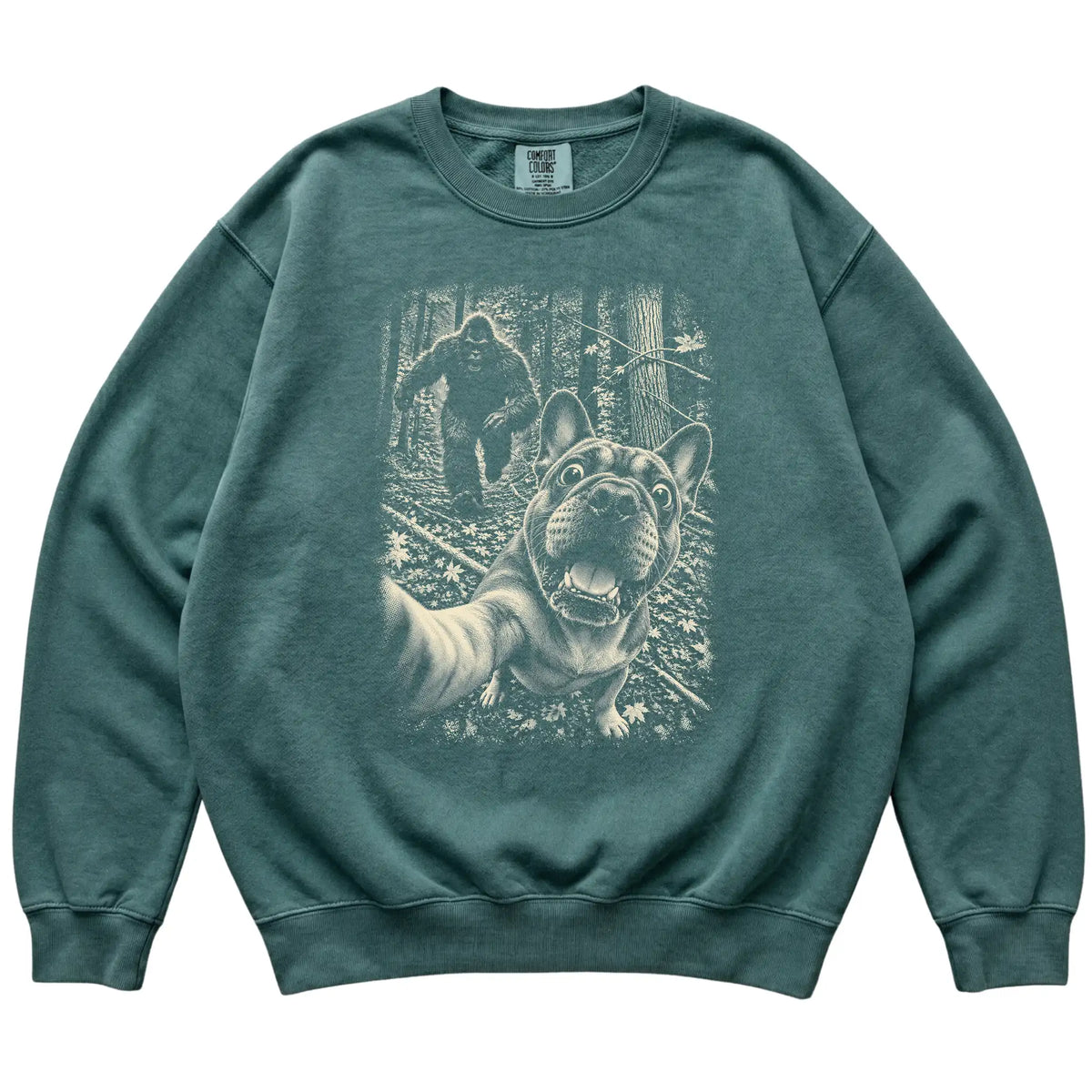 Blue Spruce French Bulldog Bigfoot selfie sweatshirt, full garment view
