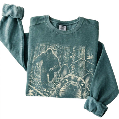 Blue Spruce French Bulldog Bigfoot selfie sweatshirt, close-up view
