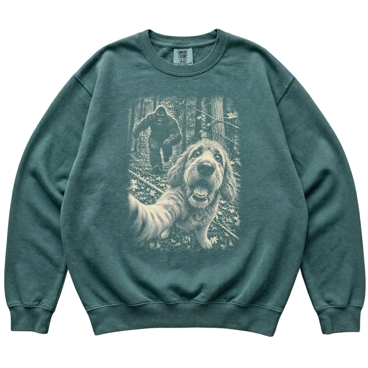 Blue Spruce Goldendoodle Bigfoot selfie sweatshirt, full garment view