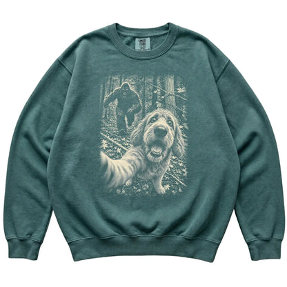 Blue Spruce Goldendoodle Bigfoot selfie sweatshirt, full garment view