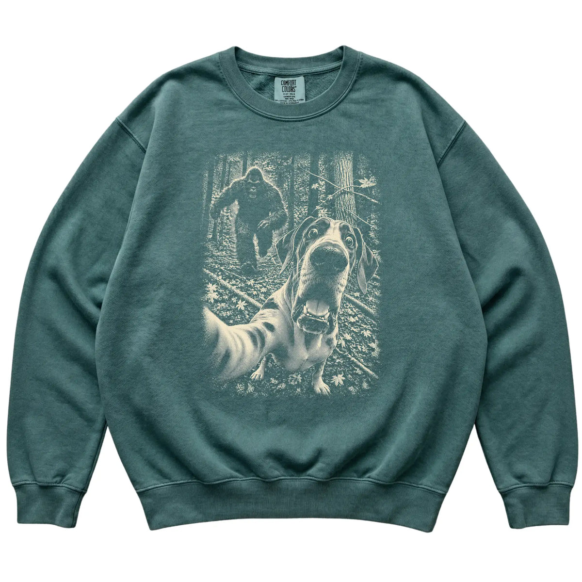 Blue Spruce Great Dane Bigfoot selfie sweatshirt, full garment view