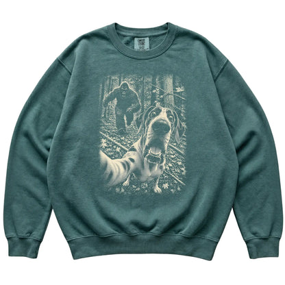 Blue Spruce Great Dane Bigfoot selfie sweatshirt, full garment view