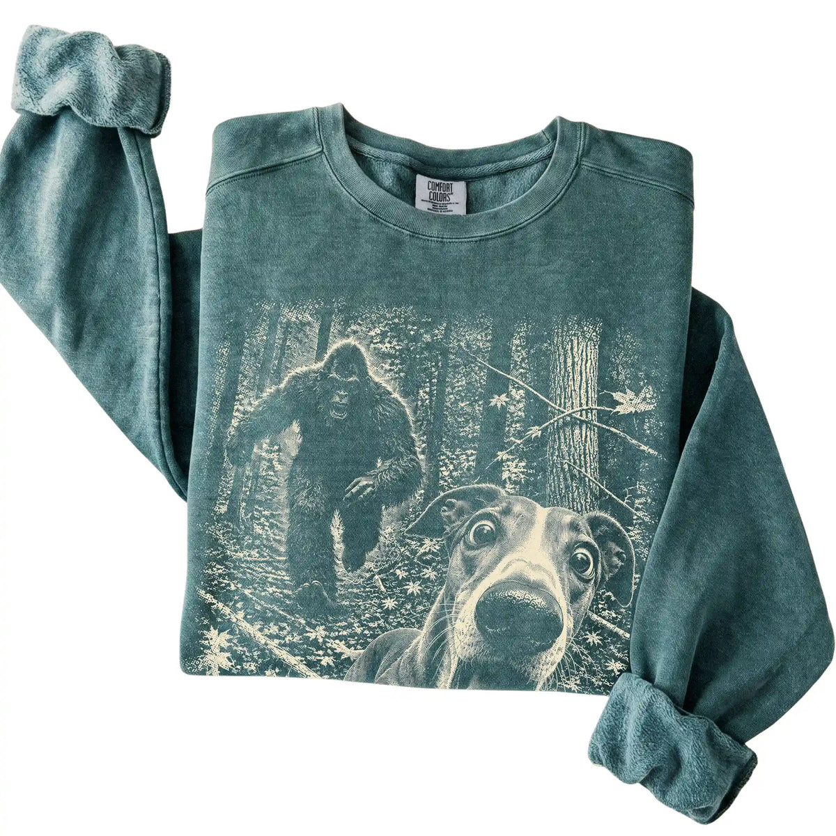 Blue Spruce Greyhound Bigfoot selfie sweatshirt, close-up view