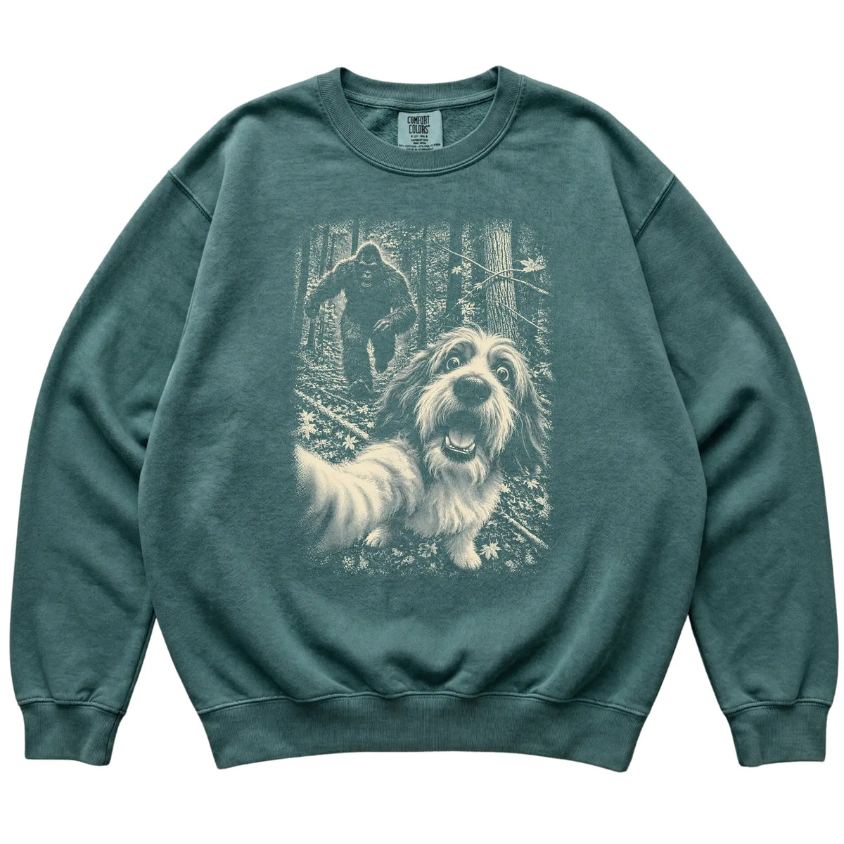 Blue Spruce Havanese Bigfoot selfie sweatshirt, full garment view