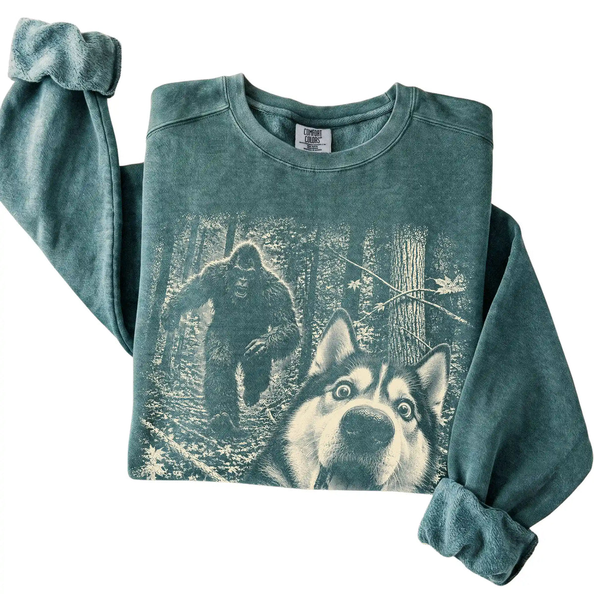 Blue Spruce Husky Bigfoot selfie sweatshirt, close-up view