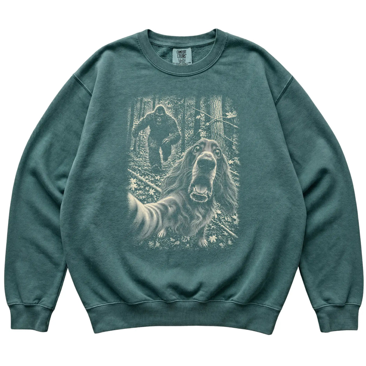 Blue Spruce Irish Setter Bigfoot selfie sweatshirt, full garment view