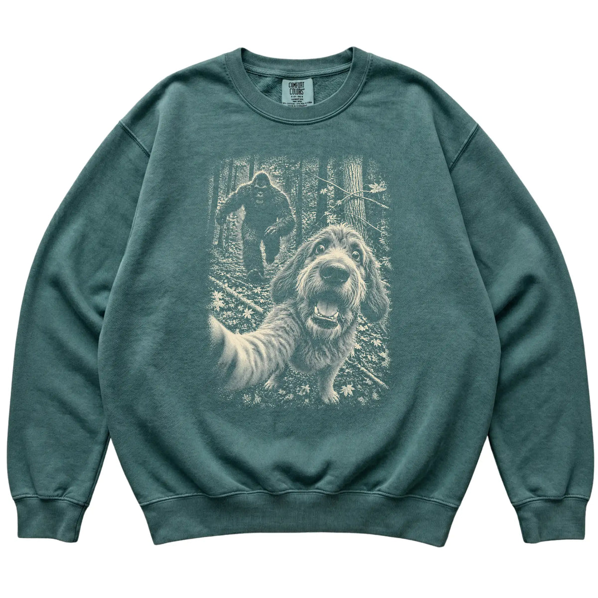 Blue Spruce Labradoodle Bigfoot selfie sweatshirt, full garment view