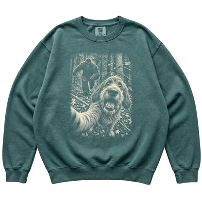 Blue Spruce Labradoodle Bigfoot selfie sweatshirt, full garment view