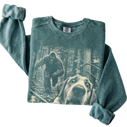 Blue Spruce Labrador Retriever Bigfoot selfie sweatshirt, close-up view