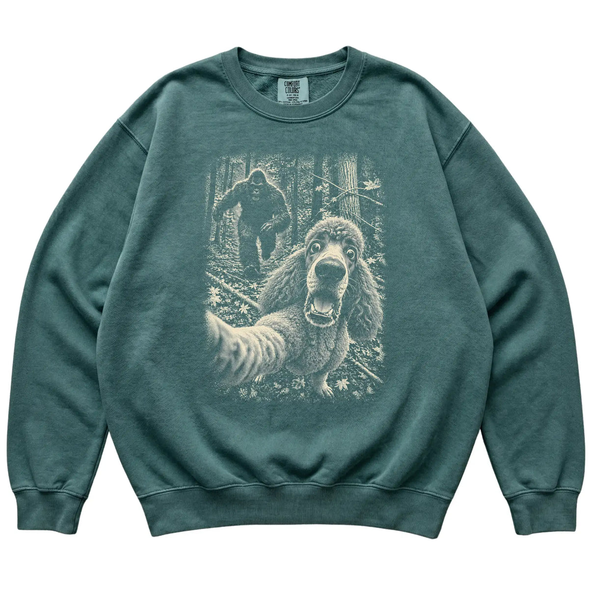 Blue Spruce Poodle Bigfoot selfie sweatshirt, full garment view