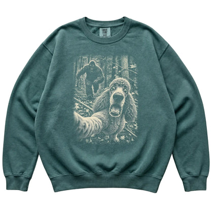 Blue Spruce Poodle Bigfoot selfie sweatshirt, full garment view