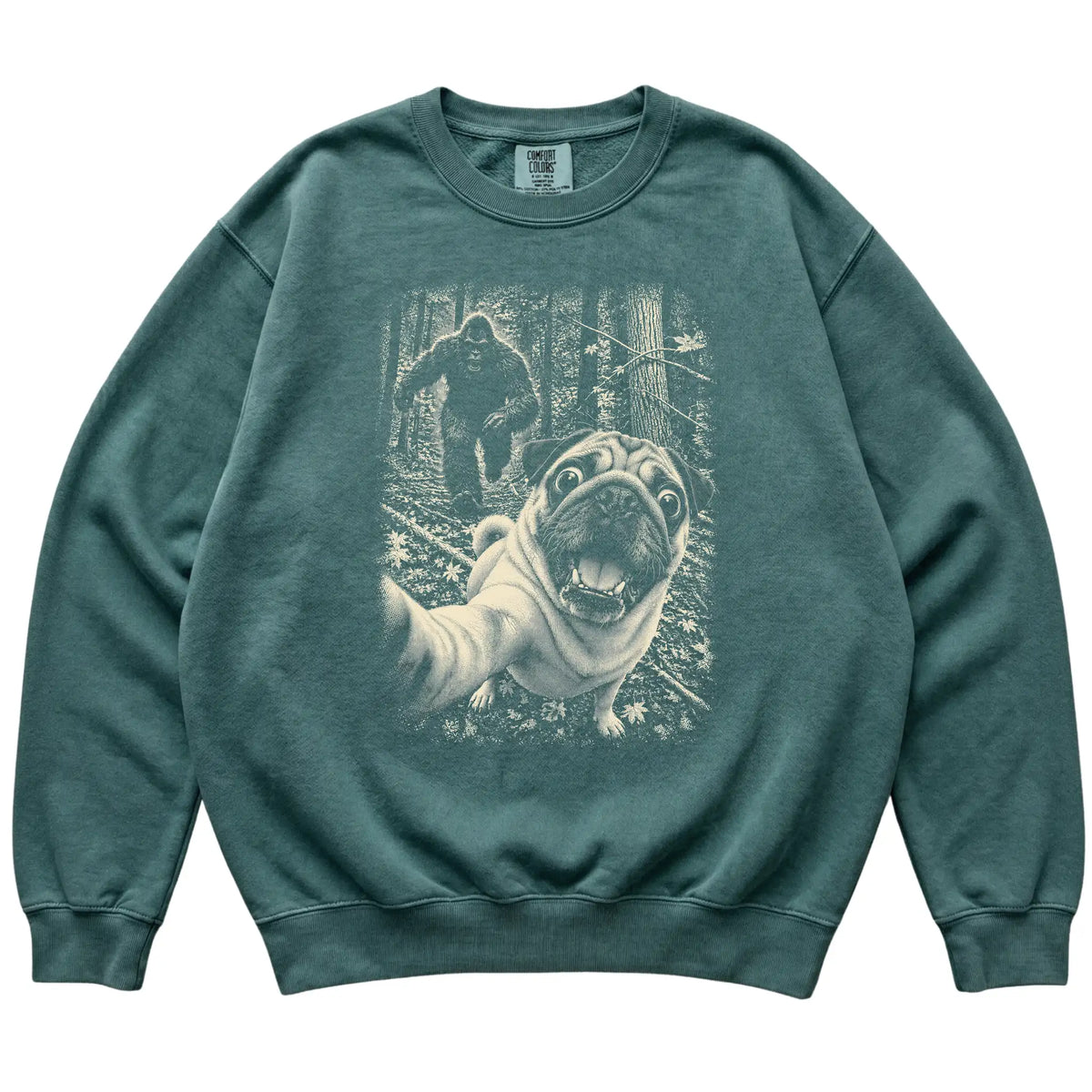 Blue Spruce Pug Bigfoot selfie sweatshirt, full garment view