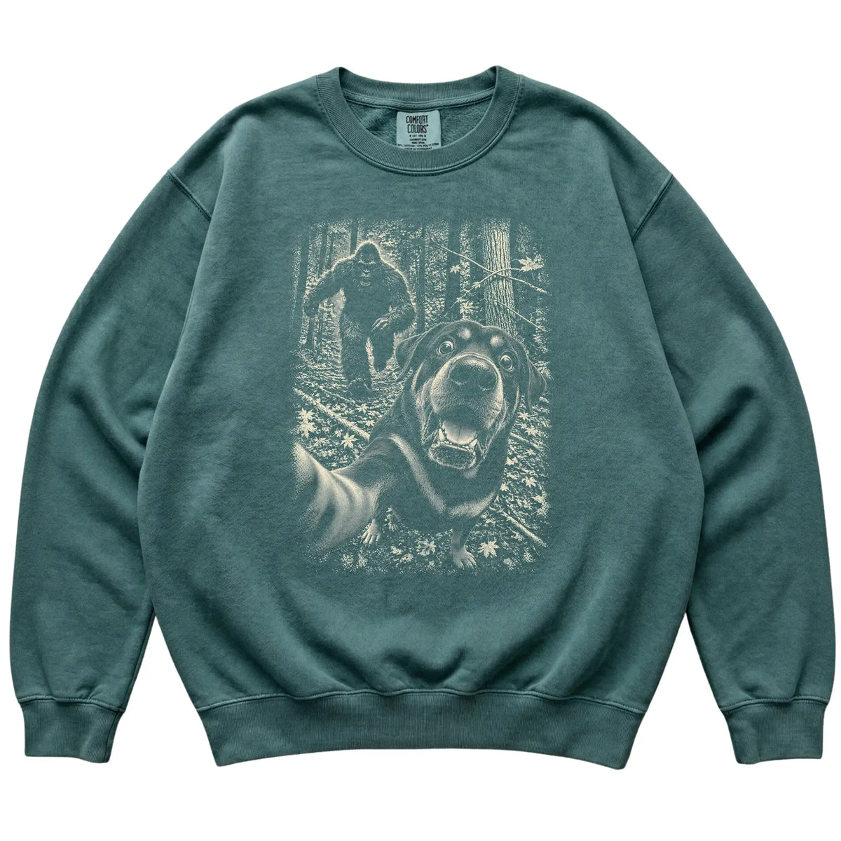Blue Spruce Rottweiler Bigfoot selfie sweatshirt, full garment view