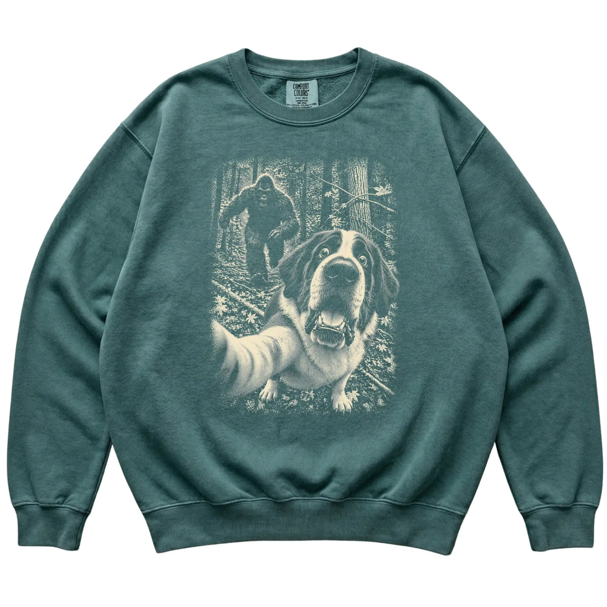 Blue Spruce Saint Bernard Bigfoot selfie sweatshirt, full garment view