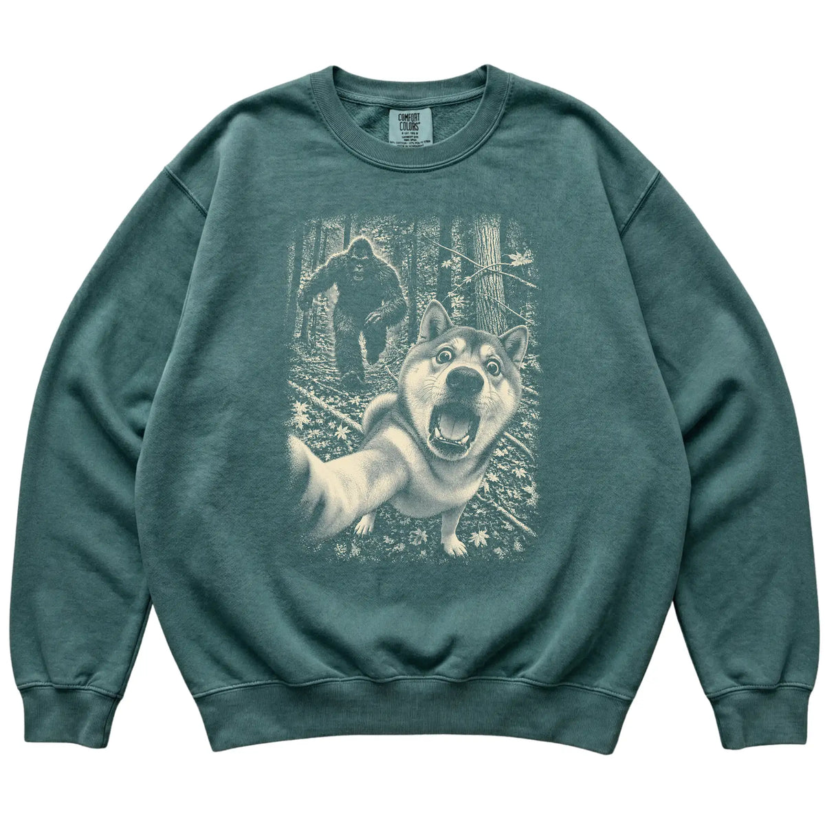Blue Spruce Shiba Inu Bigfoot selfie sweatshirt, full garment view
