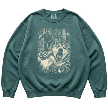 Blue Spruce Shiba Inu Bigfoot selfie sweatshirt, full garment view