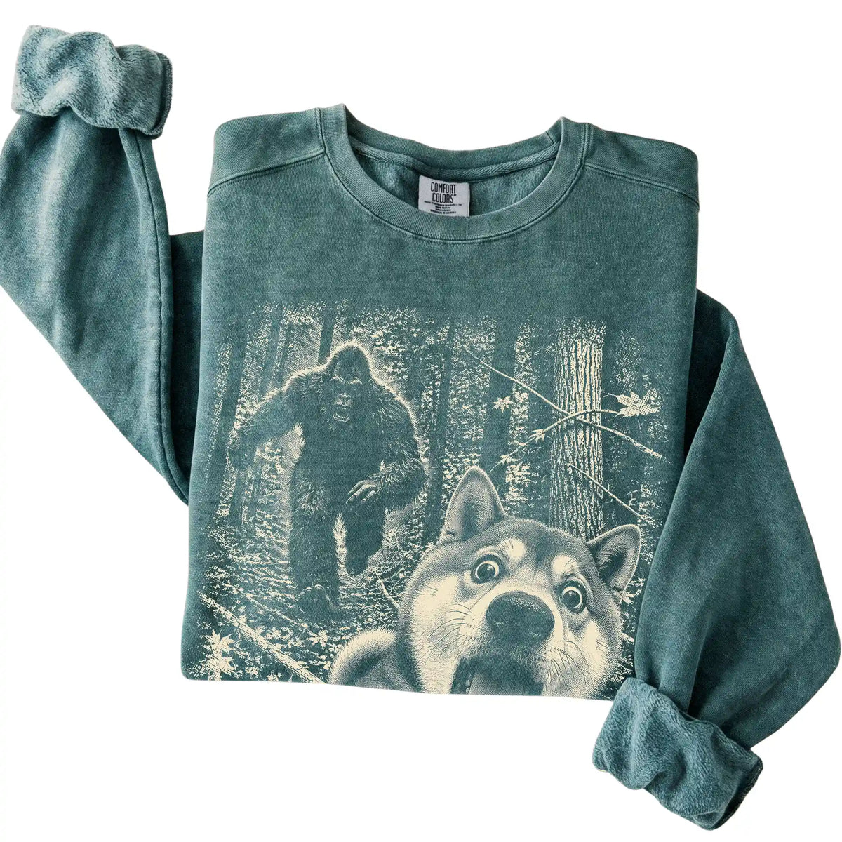 Blue Spruce Shiba Inu Bigfoot selfie sweatshirt, close-up view