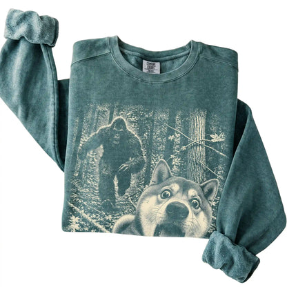 Blue Spruce Shiba Inu Bigfoot selfie sweatshirt, close-up view
