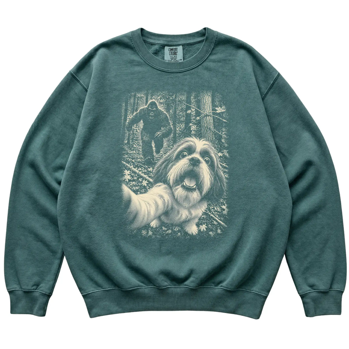 Blue Spruce Shih Tzu Bigfoot selfie sweatshirt, full garment view