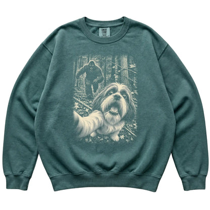 Blue Spruce Shih Tzu Bigfoot selfie sweatshirt, full garment view