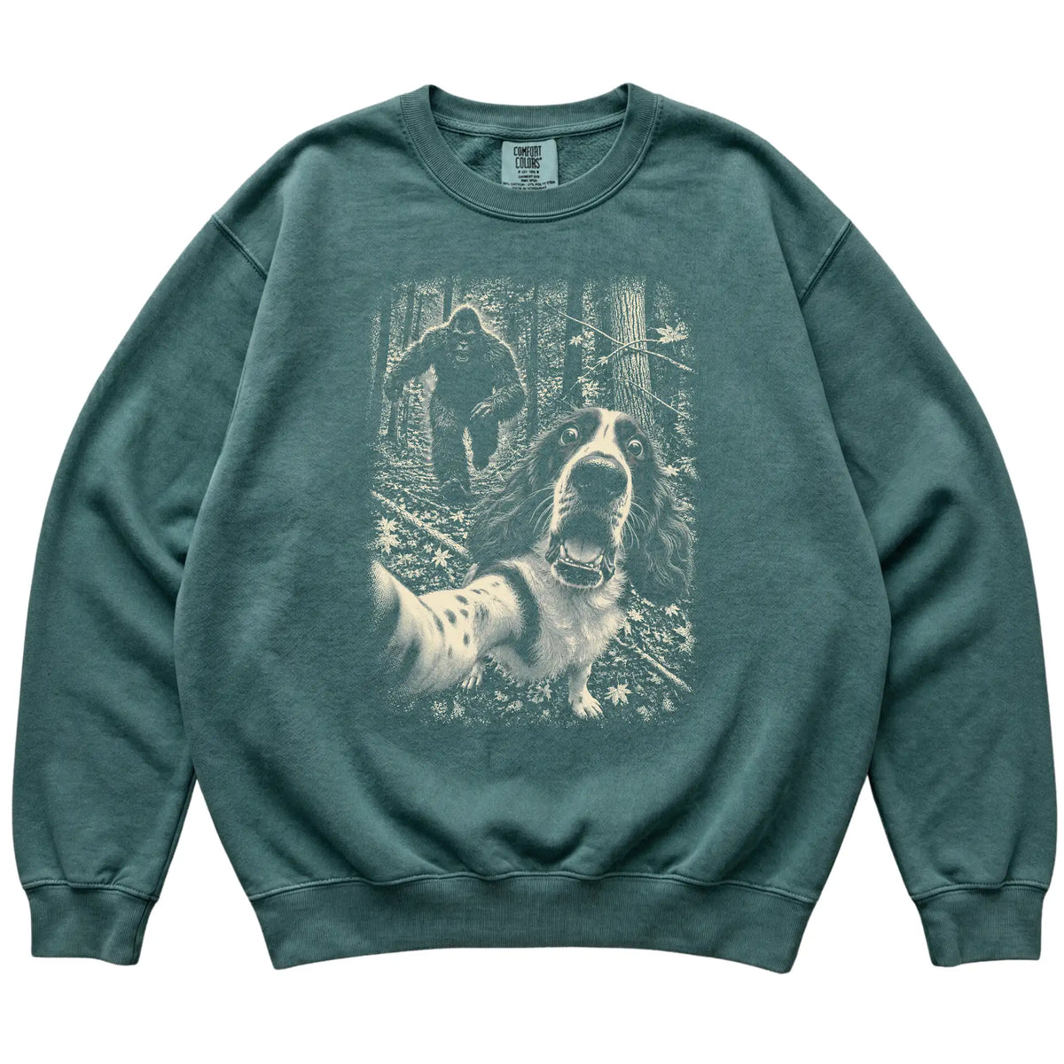 Blue Spruce Springer Spaniel Bigfoot selfie sweatshirt, full garment view