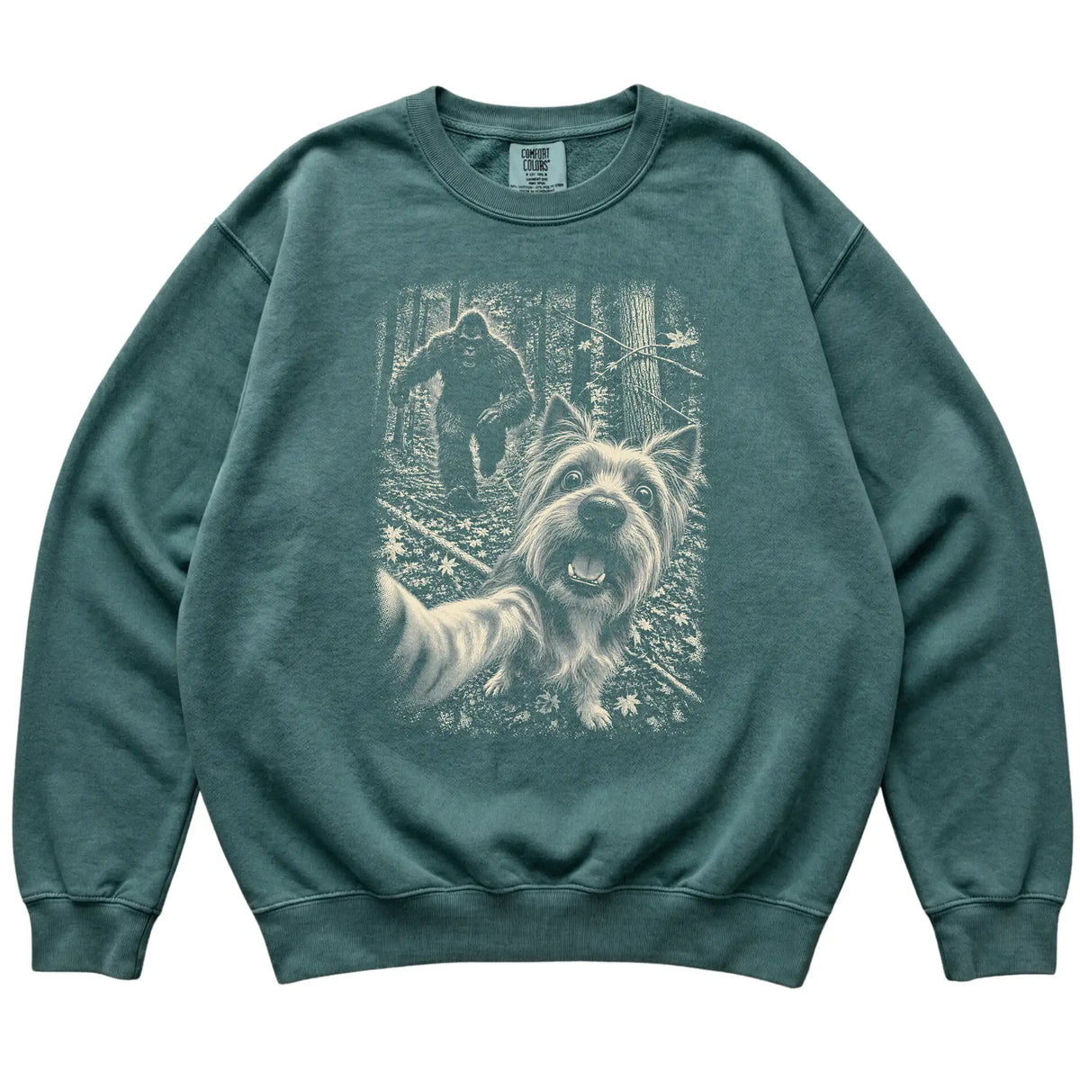 Blue Spruce Yorkie Bigfoot selfie sweatshirt, full garment view