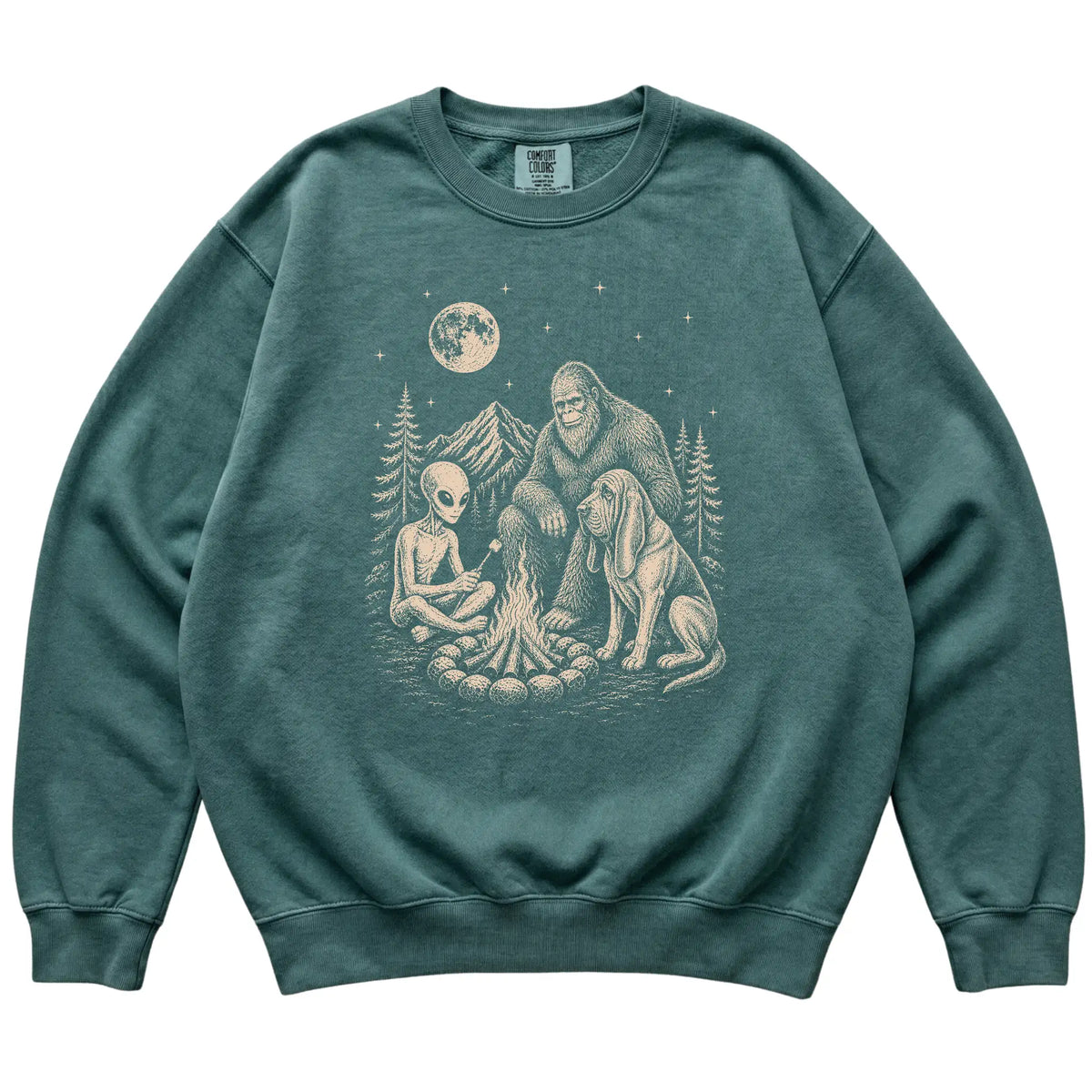 Blue Spruce Bloodhound Camping with Bigfoot and Alien shirt laid flat