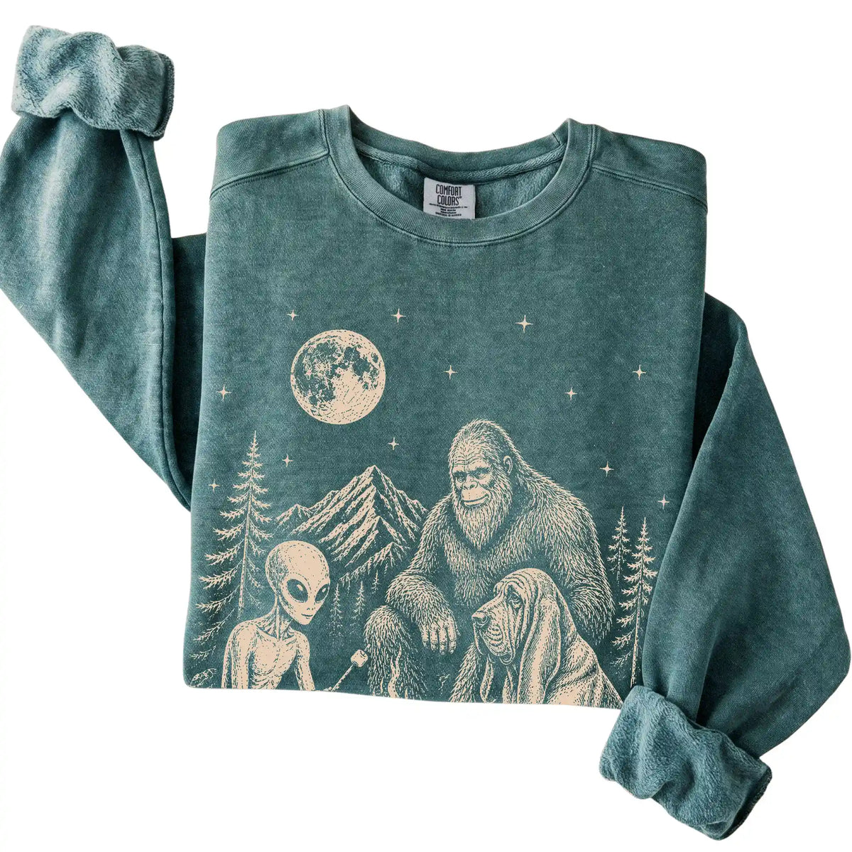 Blue Spruce Bloodhound Camping with Bigfoot and Alien folded detail view