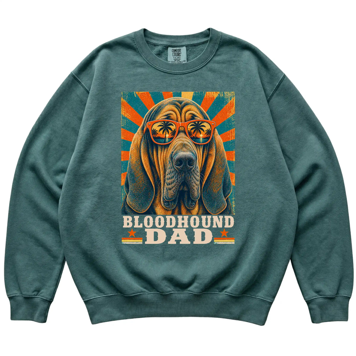 Retro Bloodhound Dad design on a Blue Spruce Comfort Colors sweatshirt