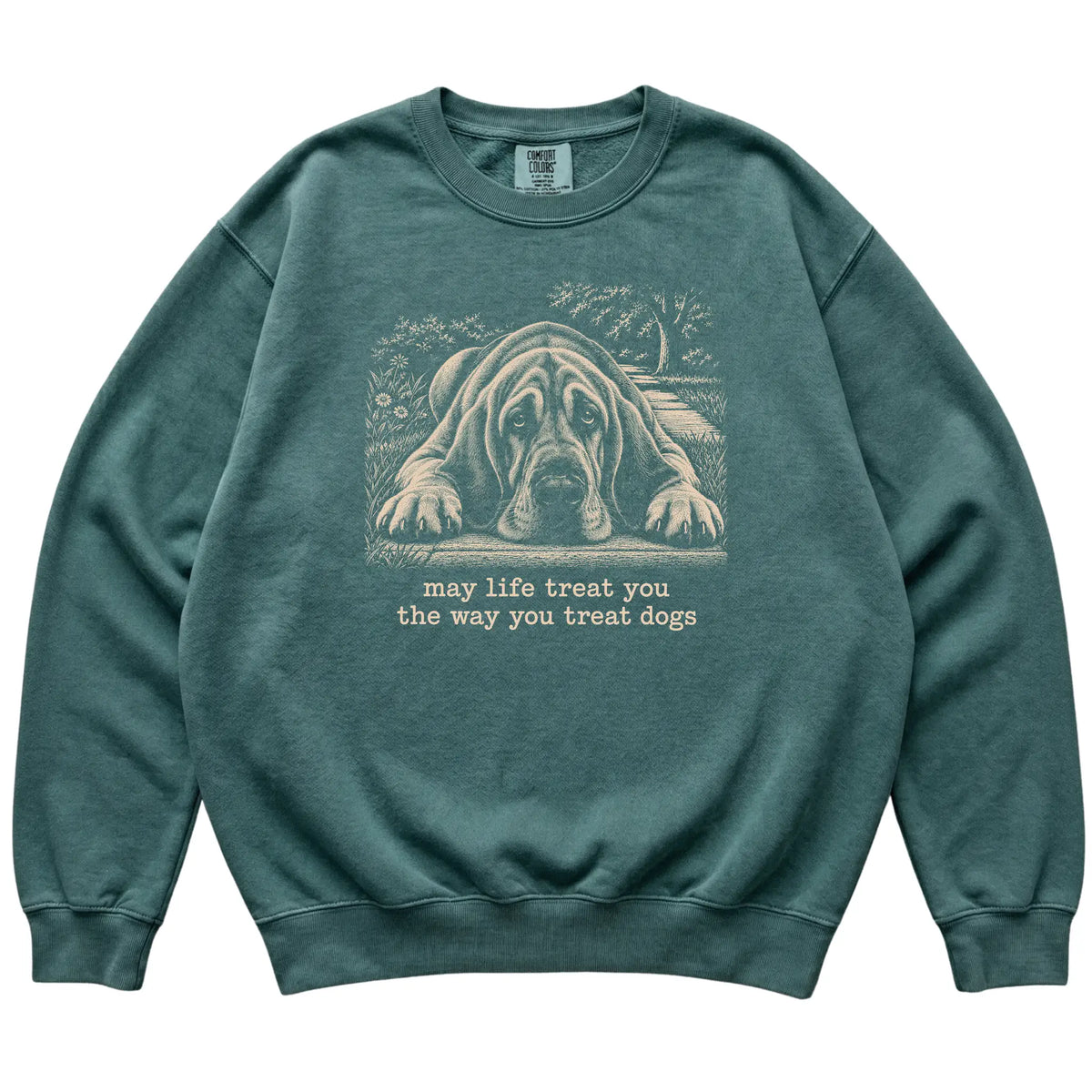 Bloodhound Karma Comfort Colors sweatshirt in Blue Spruce — Flat Lay