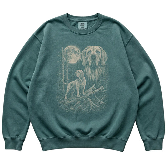 Blue Spruce Bloodhound Moonlit Forest Comfort Colors sweatshirt, flat view