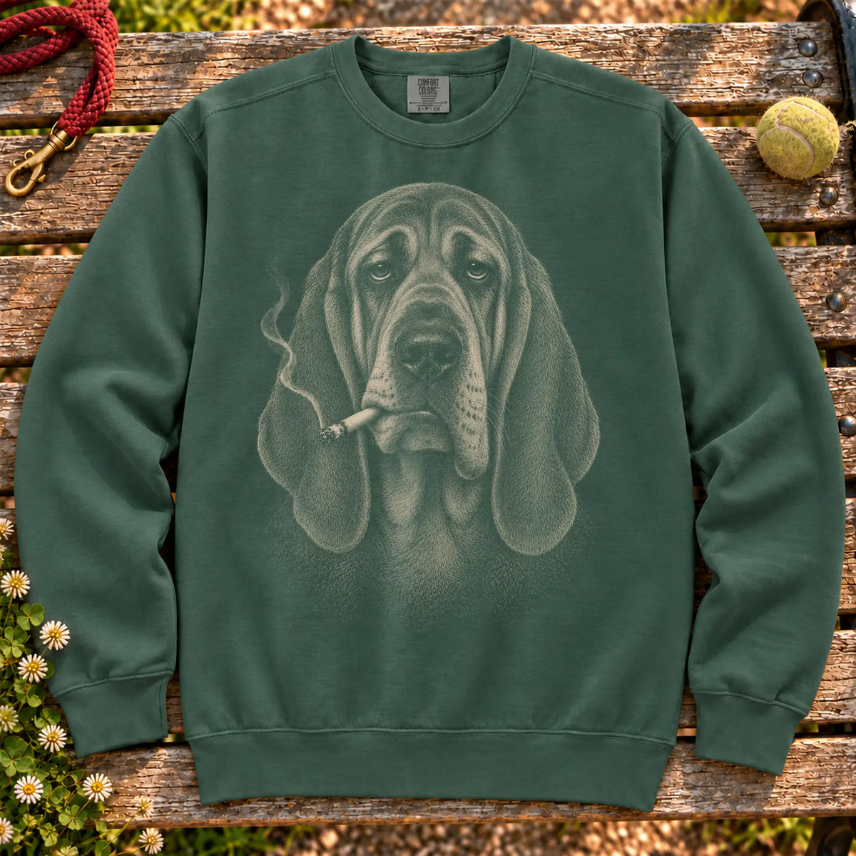 Bloodhound smoking design on a Blue Spruce sweatshirt