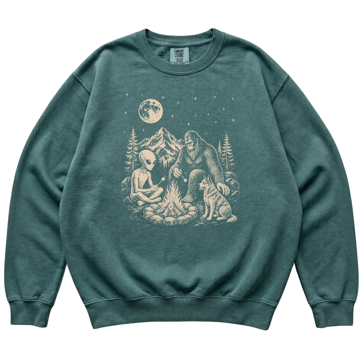 Blue Spruce Blue Heeler Camping with Bigfoot and Alien shirt laid flat