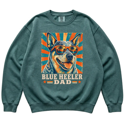 Retro Blue Heeler Dad design on a Blue Spruce Comfort Colors sweatshirt