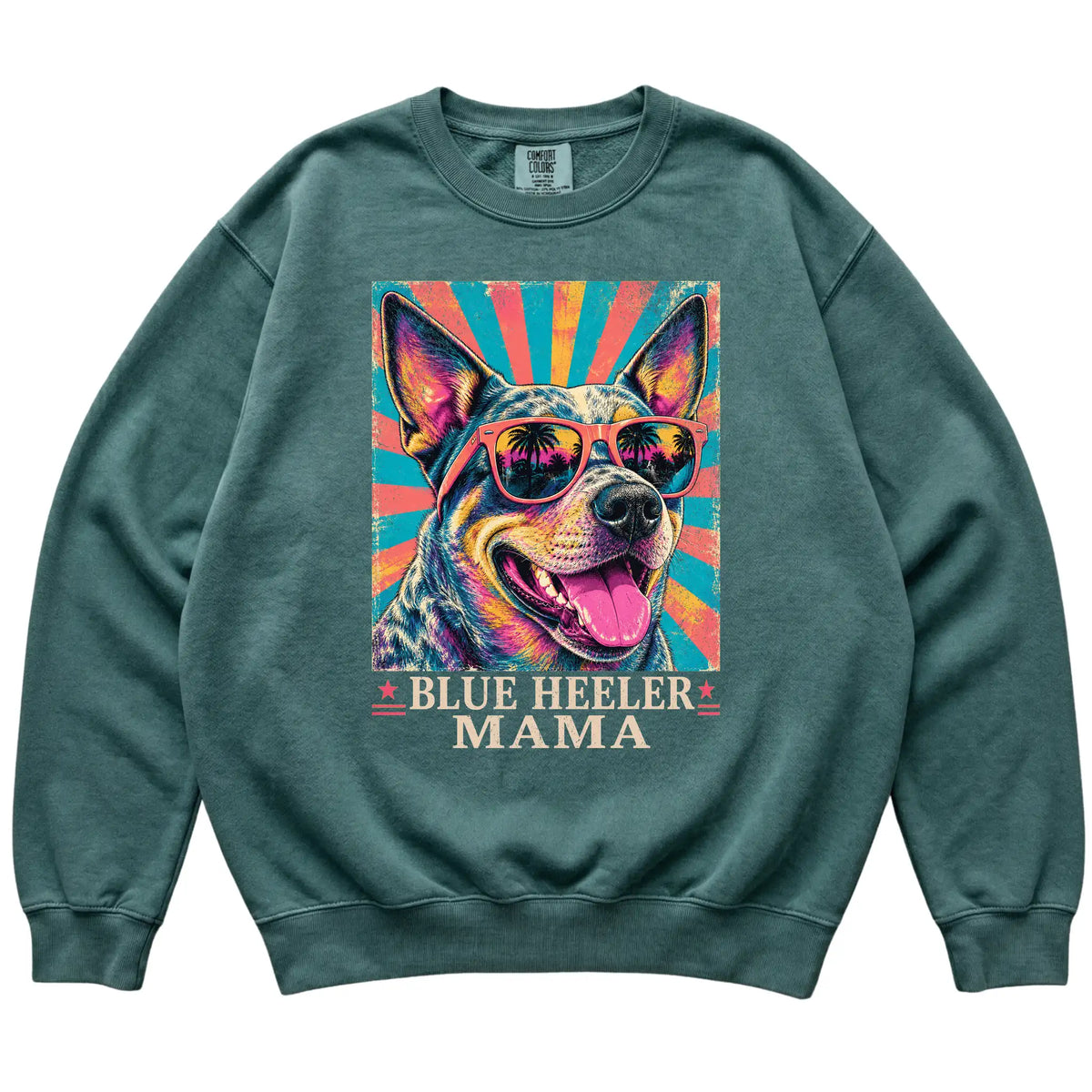 Retro Blue Heeler Mama design on a Blue Spruce Comfort Colors sweatshirt